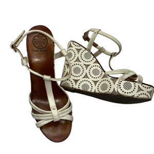 tory burch white high wedge broderie anglaise pattern shoes 8
